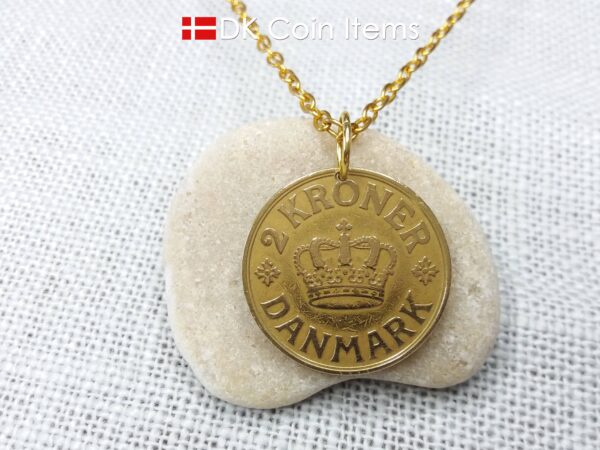 Denmark 1939 coin necklace. 85 year old golden initial C coin pendant with Danish Royal Crown 2 krone. 85th birthday gift. Antique souvenir