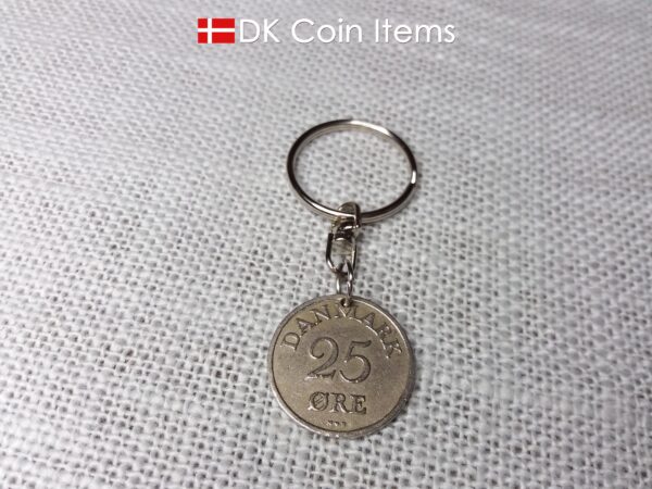 Denmark 1953 coin keychain with 71 year old Crown R initial 25 ore as coin pendant