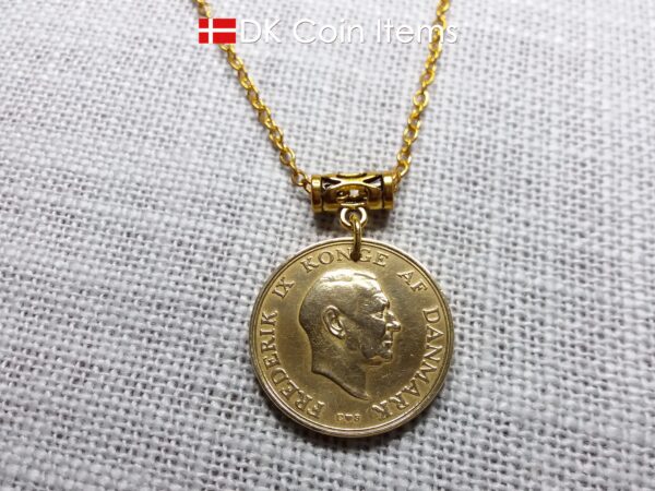 Denmark 1957 coin necklace with 67 year old golden Coat of Arms coin pendant with Royal Crown 2 krone. 67th birthday gift. Vintage souvenir