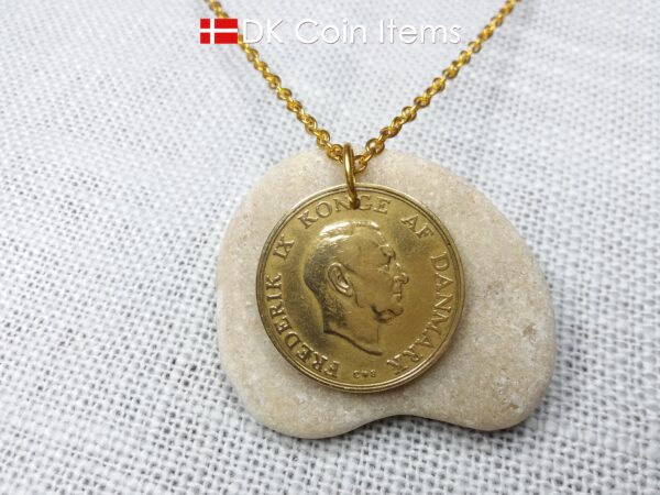 Denmark 1957 coin necklace. 67 year old golden Coat of Arms coin pendant with Royal Crown 2 kroner. 67th birthday gift. Vintage souvenir