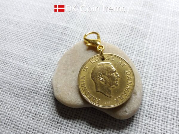 Denmark 1957 coin charm. 67 year old golden Coat of Arms with Royal Crown 2 kroner coin pendant. 67th birthday gift. Vintage souvenir