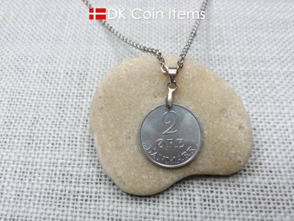 Denmark 1971 coin necklace. Crown R initial on 53 year old 2 ore as coin pendant. 53rd birthday gift. Danish vintage souvenir