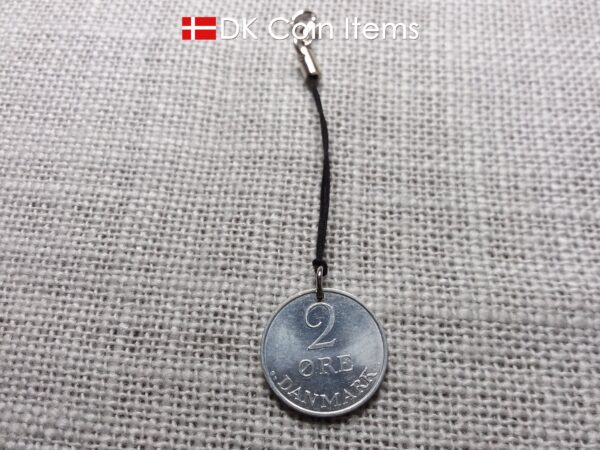 Denmark 1971 coin charm with 53 year old Crown R initial 2 ore as coin pendant. 53rd birthday gift. Danish vintage souvenir