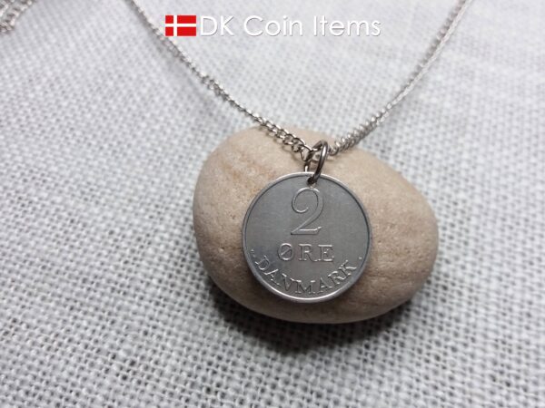 Denmark 1969 coin necklace with 55 year old Crown R initial 2 ore as coin pendant. 55th birthday gift. Danish vintage souvenir