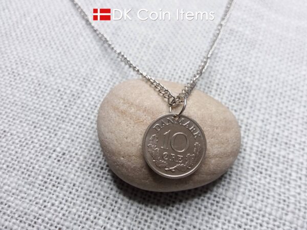 Denmark 1969 coin necklace with 55 year old Crown R initial 10 ore as coin pendant. 55th birthday gift. Danish vintage souvenir