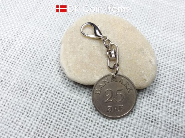 Denmark 1953 coin charm with 71 year old Crown R initial 25 ore as coin pendant