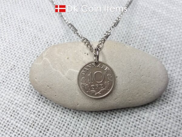 Denmark 1966 coin necklace with 58 year old Crown R initial 10 ore as coin pendant. 58th birthday gift. Danish vintage souvenir