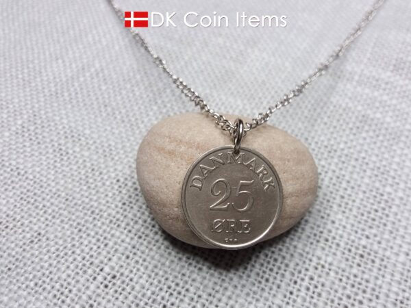 Denmark 1957 coin necklace with 67 year old Crown R initial 25 ore as coin pendant. 67th birthday gift. Danish vintage souvenir