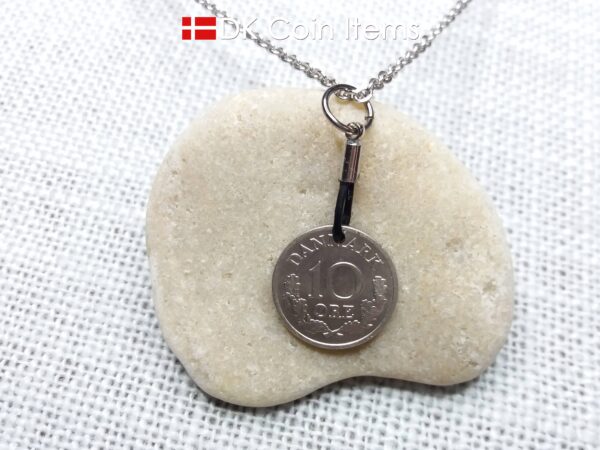 Denmark 1971 coin necklace with 53 year old Crown R initial 10 ore as coin pendant. 53rd birthday gift. Danish vintage souvenir