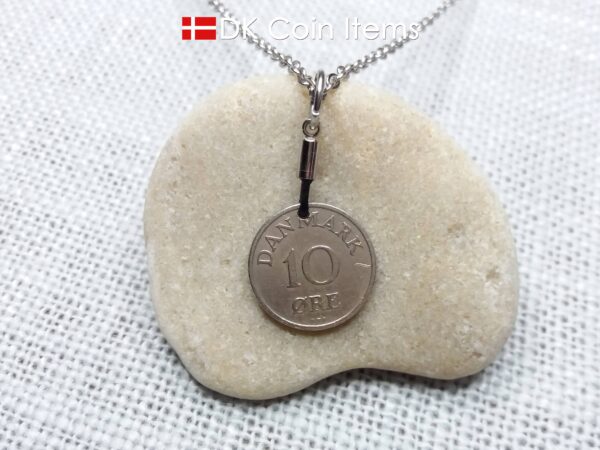 Denmark 1950 coin necklace with 74 year old Crown R initial 10 ore as coin pendant. 74th birthday gift. Danish vintage souvenir