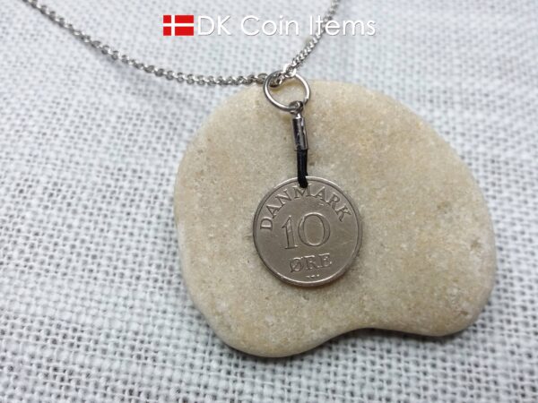 Denmark 1951 coin necklace with 73 year old Crown R initial 10 ore as coin pendant. 73rd birthday gift. Danish vintage souvenir