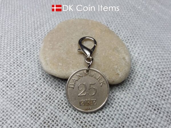 Denmark 1953 coin charm. 71 year old Danish 25 ore with Crown R initial as coin pendant