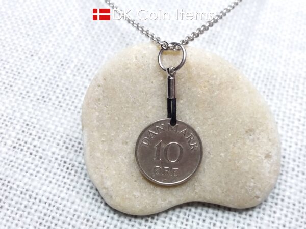 Denmark 1960 coin necklace with 64 year old Crown R initial 10 ore as coin pendant. 64th birthday gift. Danish vintage souvenir