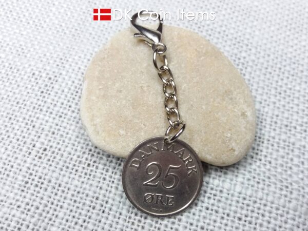 Denmark 1953 coin charm. 71 year old coin pendant. Danish 25 ore with Crown R initial