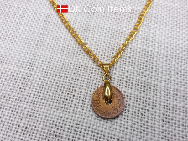 Denmark 1930 coin necklace. 94 year old coin pendant. Copper 1 ore with Crown C initial