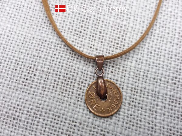 Denmark 1928 coin necklace. 96 year old coin pendant. Danish Crown C initial Copper 1 ore