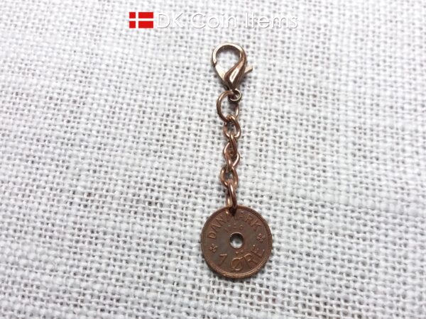 Denmark 1930 coin charm. 94 year old Crown C initial Copper 1 ore as coin pendant