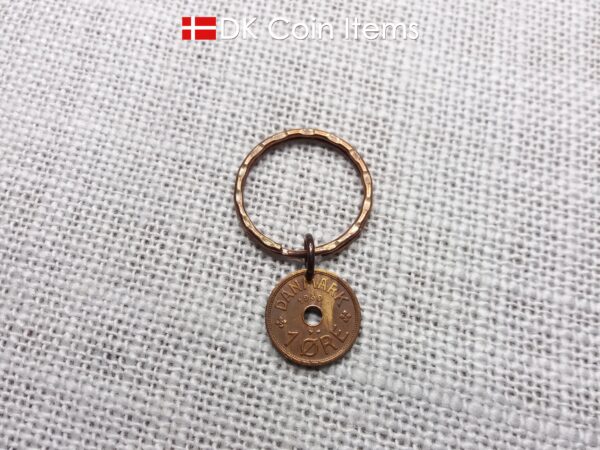 Denmark 1930 coin keychain. 94 year old Crown C initial Copper 1 ore as coin pendant