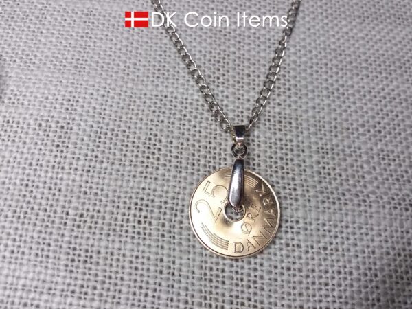 Denmark 1984 coin necklace. 40 year old coin pendant. Initial M 25 ore. Danish Crown souvenir