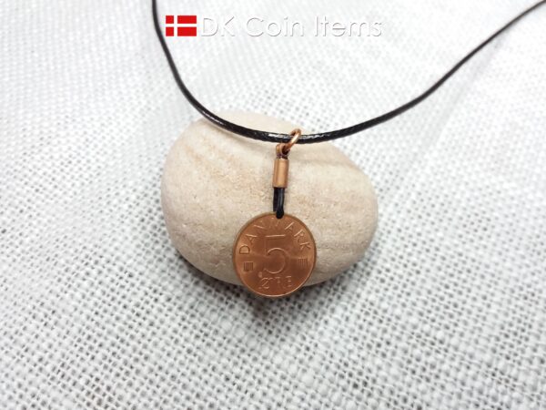 Denmark 1973 coin necklace. 51 year old coin pendant. Initial M 5 ore. 51st birthday gift. 5th anniversary gift. Danish vintage souvenir.