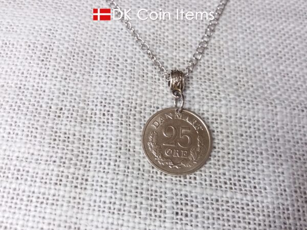 Denmark 1962 coin pendant necklace with 62 year old R initial 25 ore. 62nd birthday gift. Danish vintage souvenir gift