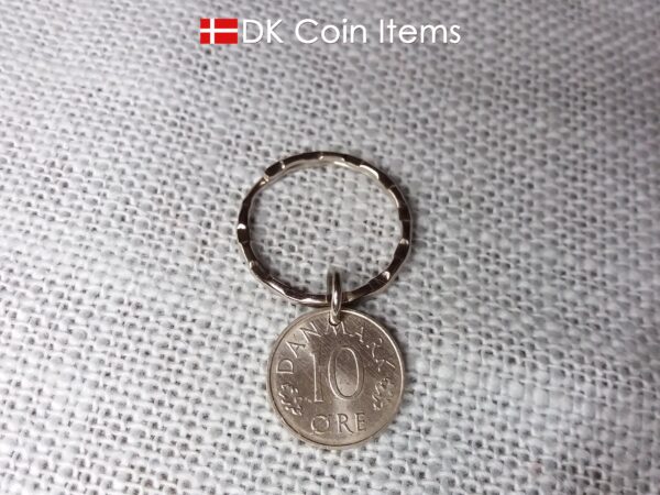 Denmark 1981 coin keychain with 43 year old M initial 10 ore as coin pendant. 43rd birthday gift. 10th anniversary gift