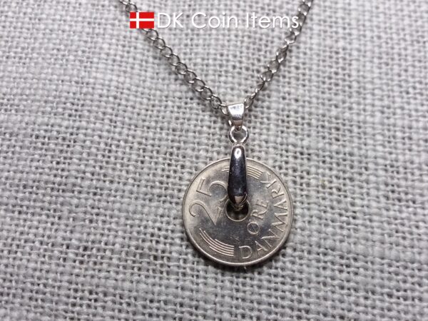 Denmark 1974 coin necklace. 50 year old coin pendant. Initial M 25 ore. Danish Crown souvenir gift