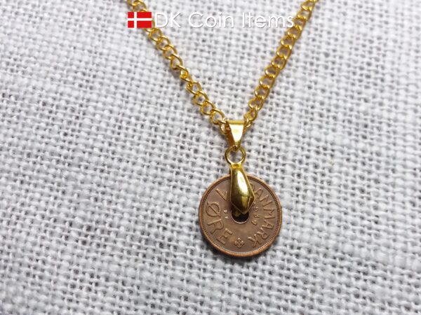 Denmark 1934 coin necklace with 90 year old Crown C initial Copper 1 ore as coin pendant