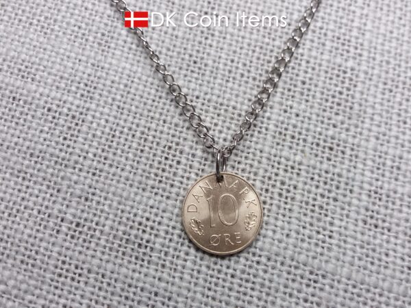 Denmark 1985 coin necklace with 39 year old M initial 10 ore as coin pendant. 39th birthday gift. 10th anniversary gift. Danish souvenir gift