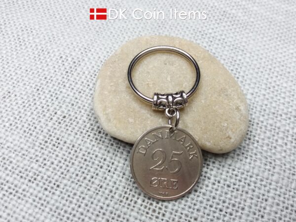 Denmark 1953 coin keychain. 71 year old coin pendant. Danish 25 ore with Crown R initial