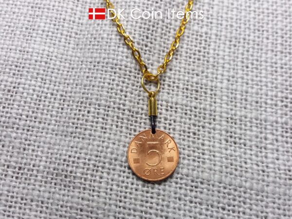 Denmark 1986 coin necklace with 38 year old Crown M initial 5 ore as coin pendant. 38th birthday gift. Danish vintage souvenir