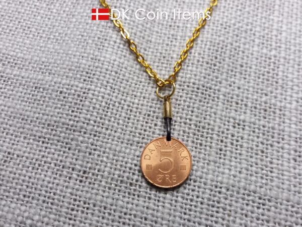 Denmark 1979 coin necklace with 45 year old Crown M initial 5 ore as coin pendant. 45th birthday gift. Danish vintage souvenir