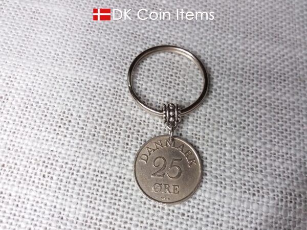 Denmark 1953 coin keychain. 71 year old Danish 25 ore with Crown R initial as coin pendant