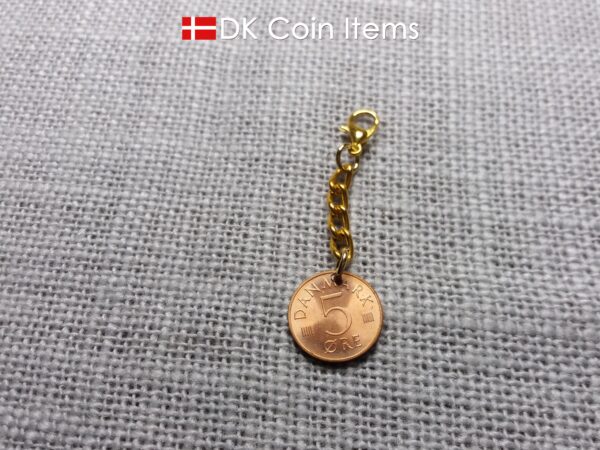 Denmark 1973 coin necklace with a 51 year old Danish Crown M initial 5 ore as coin pendant. Danish vintage souvenir