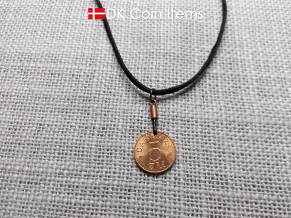 Denmark 1980 coin necklace with 44 year old Crown M initial 5 ore as coin pendant. 44th birthday gift. Danish vintage souvenir