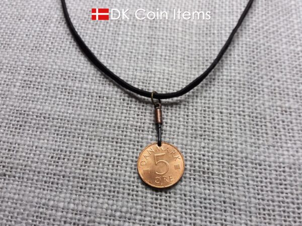 Denmark 1983 coin necklace with 41 year old Crown M initial 5 ore as coin pendant. 41st birthday gift. Danish vintage souvenir