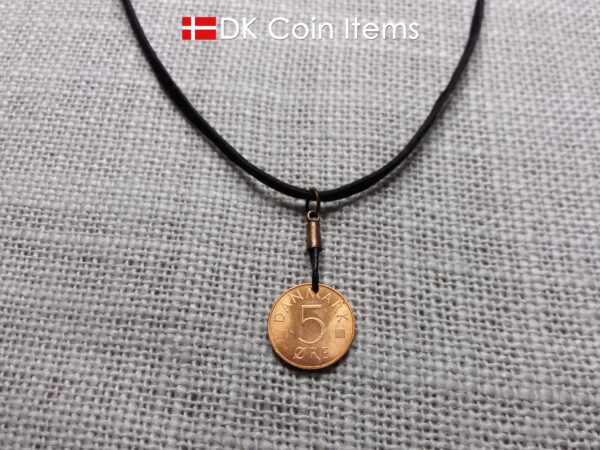 Denmark 1982 coin necklace with 42 year old Crown M initial 5 ore as coin pendant. 42nd birthday gift. Danish vintage souvenir