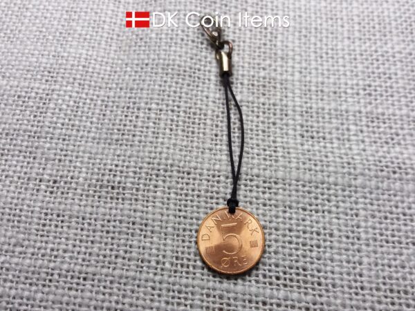 Denmark 1973 coin charm with 51 year old Crown M initial 5 ore as coin pendant. Danish vintage souvenir