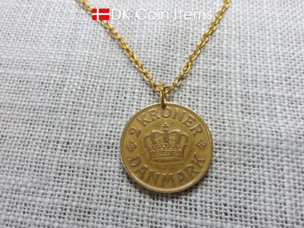 Denmark 1939 coin necklace. 85 year old golden initial C coin pendant with Danish Royal Crown 2 krone. 85th birthday gift. Antique souvenir