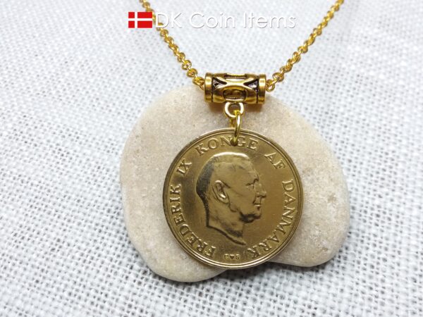 Denmark 1957 coin necklace with 67 year old golden Coat of Arms coin pendant with Royal Crown 2 krone. 67th birthday gift. Vintage souvenir