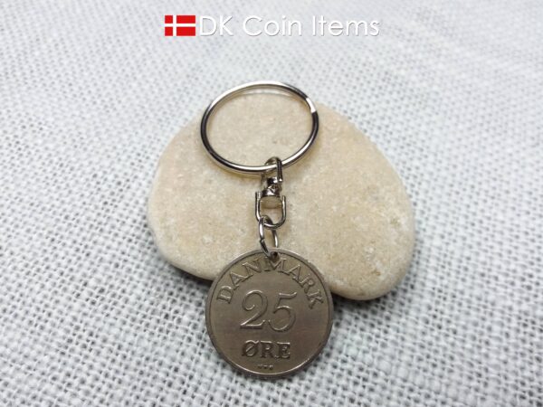 Denmark 1953 coin keychain with 71 year old Crown R initial 25 ore as coin pendant