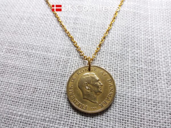 Denmark 1957 coin necklace. 67 year old golden Coat of Arms coin pendant with Royal Crown 2 kroner. 67th birthday gift. Vintage souvenir