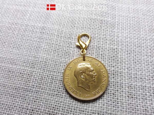 Denmark 1957 coin charm. 67 year old golden Coat of Arms with Royal Crown 2 kroner coin pendant. 67th birthday gift. Vintage souvenir