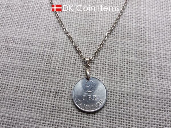 Denmark 1971 coin necklace. Crown R initial on 53 year old 2 ore as coin pendant. 53rd birthday gift. Danish vintage souvenir