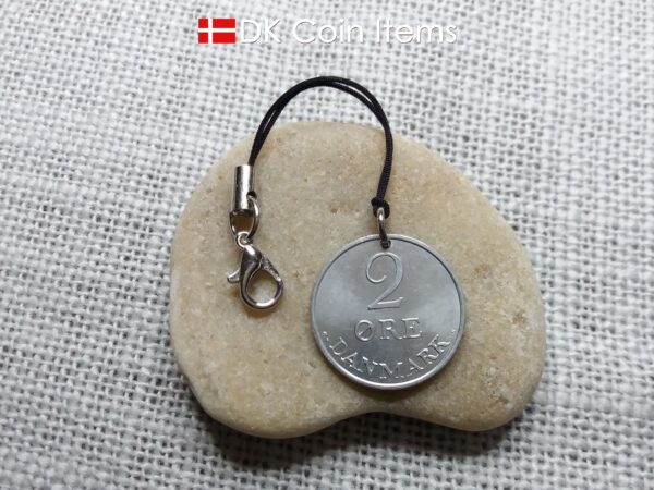 Denmark 1971 coin charm with 53 year old Crown R initial 2 ore as coin pendant. 53rd birthday gift. Danish vintage souvenir