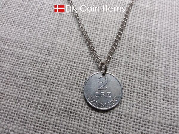 Denmark 1969 coin necklace with 55 year old Crown R initial 2 ore as coin pendant. 55th birthday gift. Danish vintage souvenir