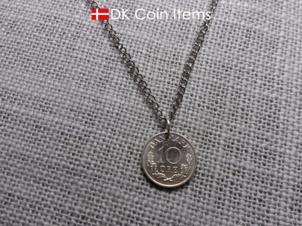 Denmark 1969 coin necklace with 55 year old Crown R initial 10 ore as coin pendant. 55th birthday gift. Danish vintage souvenir