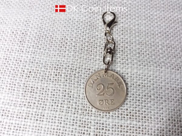 Denmark 1953 coin charm with 71 year old Crown R initial 25 ore as coin pendant