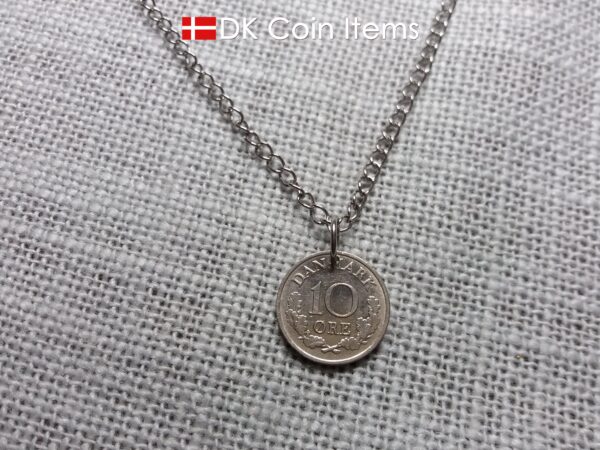 Denmark 1964 coin necklace with 60 year old Crown R initial 10 ore as coin pendant. 60th birthday gift. Danish vintage souvenir