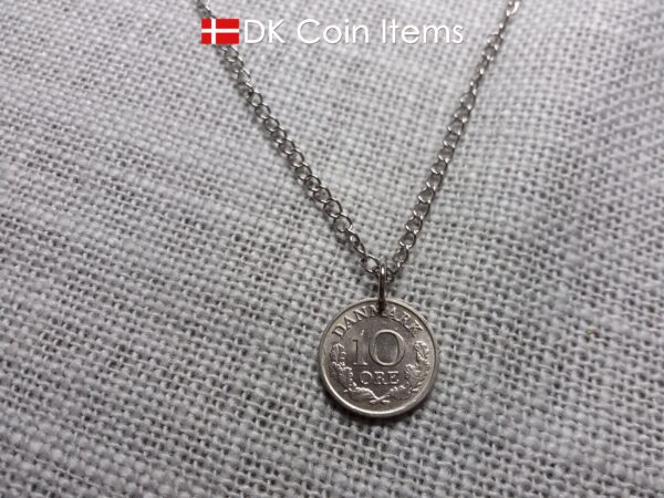 Denmark 1966 coin necklace with 58 year old Crown R initial 10 ore as coin pendant. 58th birthday gift. Danish vintage souvenir